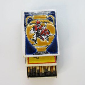 Vintage Wooden Match Box Painted Ceramic Tile Top Metal Box Greece Urn Soldier